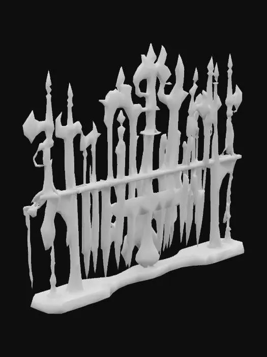 3D model for weapon rack of drow style weapons, swords, axes, halbergs, maces, morningstars