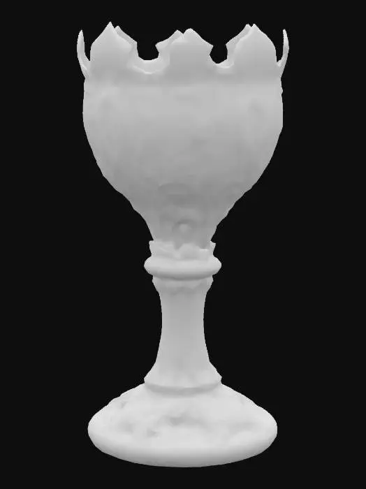 3D model for Design a  biomechanical chalice with organic and mechanical elements. Include glowing purple, pink, and red energy veins, pulsating lights. Add intricate carvings and textures that blend flesh and metal seamlessly all in the shapes of cob webs covering it