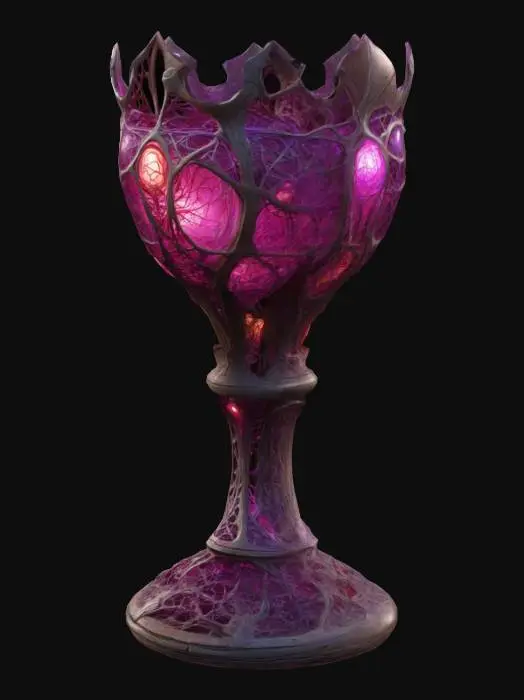 3D model for Design a  biomechanical chalice with organic and mechanical elements. Include glowing purple, pink, and red energy veins, pulsating lights. Add intricate carvings and textures that blend flesh and metal seamlessly all in the shapes of cob webs covering it