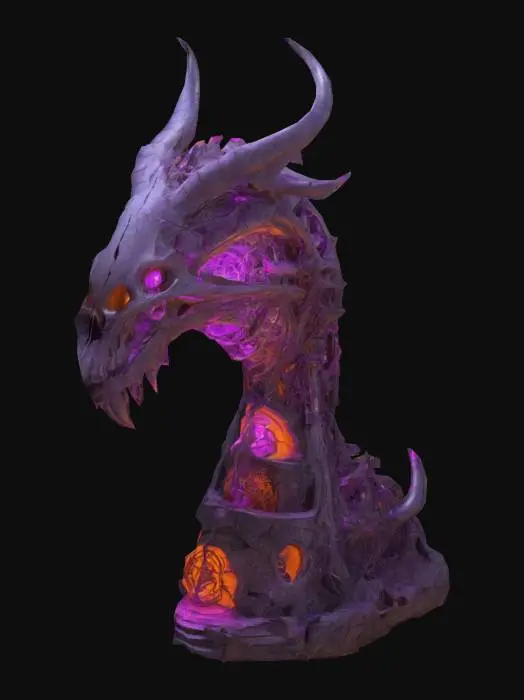 3D model for Design a biomechanical DROW style fortress, with the top of it built with a Dragon SKULL, with organic and mechanical elements. Include glowing purple, pink, and orange energy veins, pulsating lights. Add intricate carvings and textures that blend flesh and metal seamlessly all in the shapes of cob webs covering it