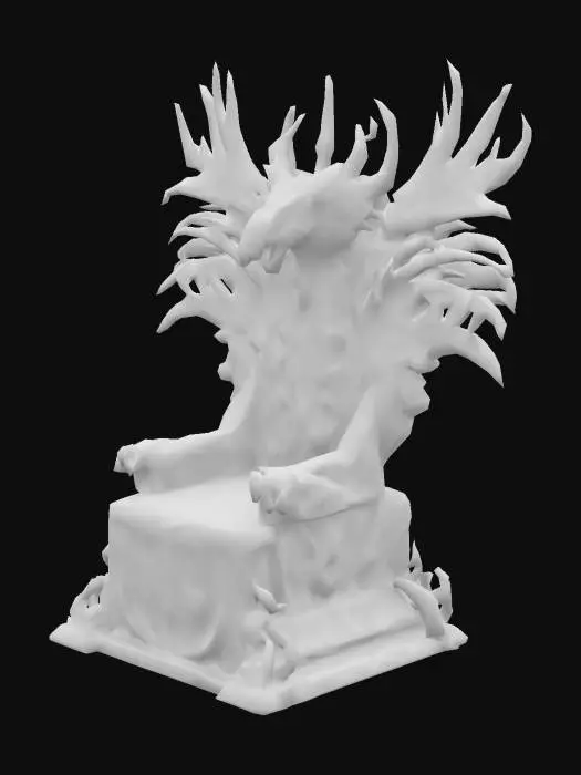 3D model for Design a biomechanical DROW style THRONE, with the top of it built with a Dragon SKULL at the TOP of it, with organic and mechanical elements. Include glowing purple, pink, and orange energy veins, pulsating lights. Add intricate carvings and textures that blend flesh and metal seamlessly all in the shapes of cob webs covering it