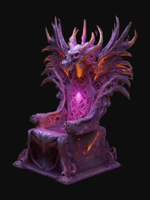 3D model for Design a biomechanical DROW style THRONE, with the top of it built with a Dragon SKULL at the TOP of it, with organic and mechanical elements. Include glowing purple, pink, and orange energy veins, pulsating lights. Add intricate carvings and textures that blend flesh and metal seamlessly all in the shapes of cob webs covering it