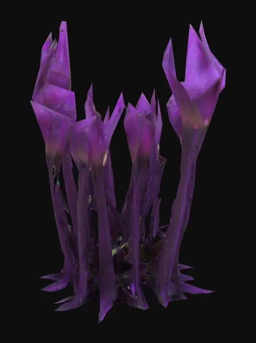3D model for a grove of, a few, 9-meter tall Purple, carnivorous-plants. featuring deadly-thorns and sharp white teeth, as well as ridged tendrils, weird eyes along the stems, 8K-texture detail, bio-illumination, alien-plant, electrical, #garden#,  