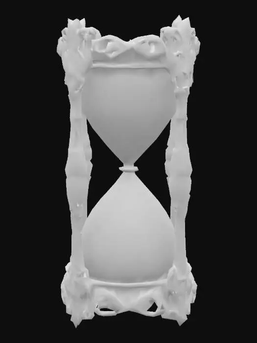 3D model for A mystical DROW style hourglass with ornaments decorated wooden frame with a purple hue, symbols of spiders etched into it, using golden sand.