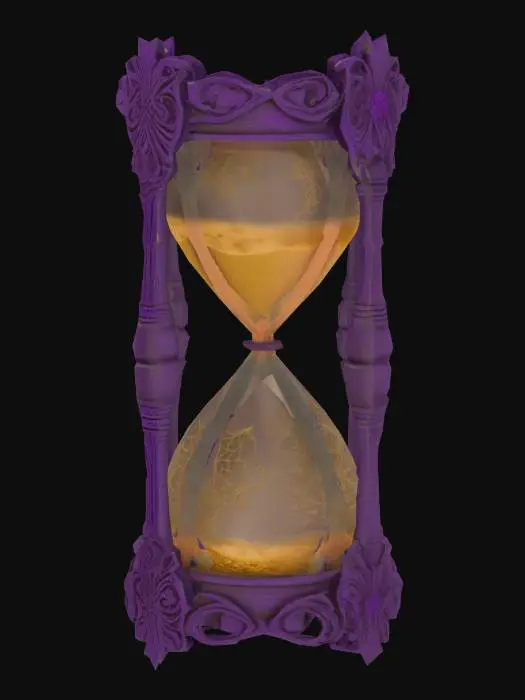 3D model for A mystical DROW style hourglass with ornaments decorated wooden frame with a purple hue, symbols of spiders etched into it, using golden sand.