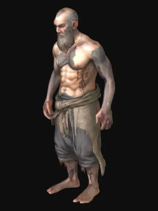 3D model for Emaciated male dwarven slave, wearing rags, with cuts, and bruises all over his body due to being tortured; dnd style