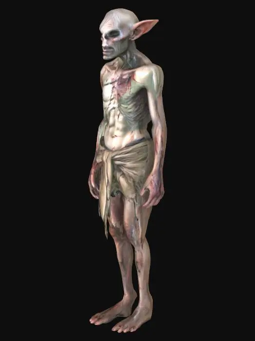 3D model for Emaciated elven slave, wearing rags, with cuts, and bruises all over his body due to being tortured