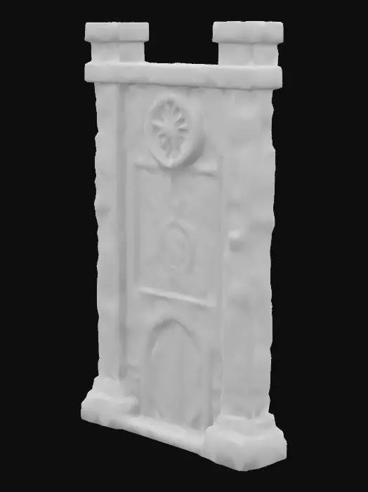 3D model for Design a  stone obsidian fortress wall in the style of duergar (gray dwarfs) with some slight mechanical elements. Include glowing purple magical runes, pulsating lights. Add intricate carvings and textures that blend rock and dirt and metal seamlessly all in the shapes of dwarven handiwork, DND