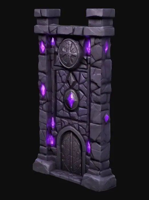 3D model for Design a  stone obsidian fortress wall in the style of duergar (gray dwarfs) with some slight mechanical elements. Include glowing purple magical runes, pulsating lights. Add intricate carvings and textures that blend rock and dirt and metal seamlessly all in the shapes of dwarven handiwork, DND