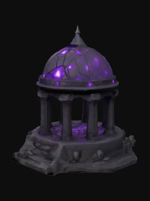 3D model for Design a  stone obsidian fortress DOME in the style of duergar (gray dwarfs) with some slight mechanical elements. Include glowing purple magical runes, pulsating lights. Add intricate carvings and textures that blend rock and dirt and metal seamlessly all in the shapes of dwarven handiwork, DND