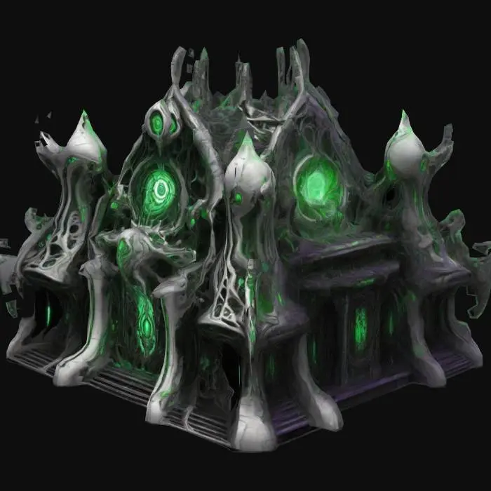3D model for Design a large biomechanical  DROW Temple of Undeath, different shapes and sizes, fused with organic and mechanical elements. Include glowing green, white, and black, and purple energy veins, pulsating lights. Add intricate carvings and textures that blend flesh and metal seamlessly all in the shapes of open pupils decorating the outside, a lot of bones and skulls also are detailed on the walls