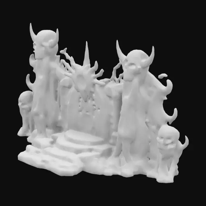 3D model for Design a large biomechanical  DROW altar of Death,6 feet by 2 feet, fused with organic and mechanical elements. Include glowing green, white, and black, and purple energy veins, pulsating lights. Add intricate carvings and textures that blend flesh and metal seamlessly all in the shapes of open pupils decorating the outside, a lot of bones and skulls also are detailed on the walls