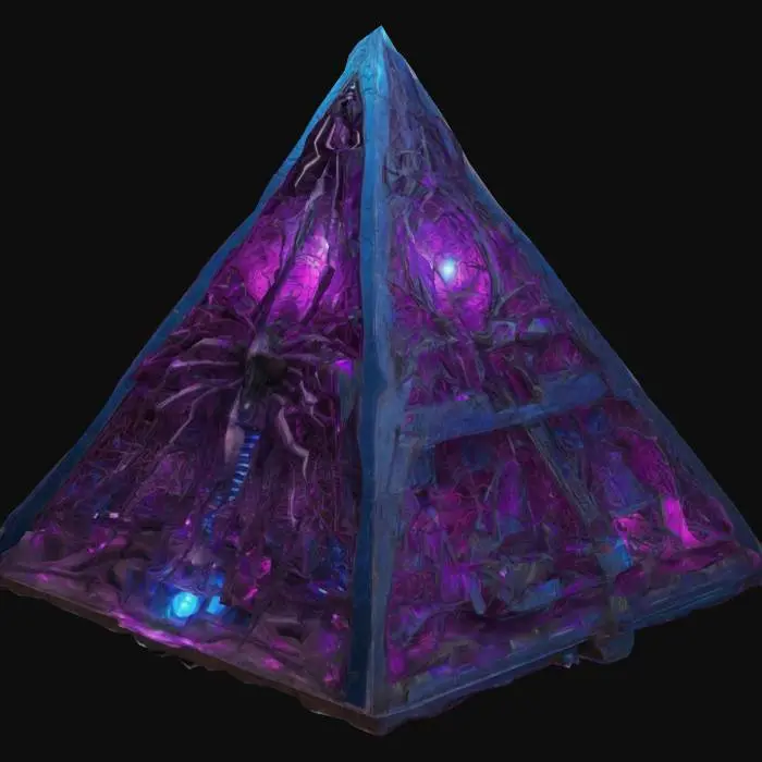 3D model for Design a giant biomechanical pyramid fused with organic and mechanical elements. Include glowing purple, pink, and blue energy veins, pulsating lights. Add intricate carvings and textures that blend flesh and metal seamlessly all in the shapes of spider webs and spiders covering it