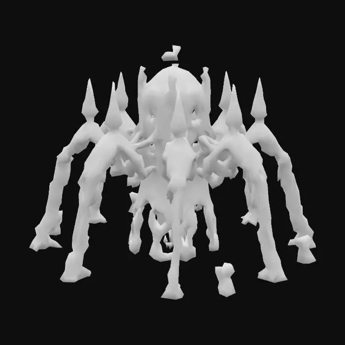 3D model for Design a giant biomechanical stone castle, fused with organic and mechanical elements in the shape of spider legs. Include glowing purple, pink, and blue energy veins, pulsating lights. Add intricate carvings and textures seamlessly all in the shapes of spider webs and spiders covering it