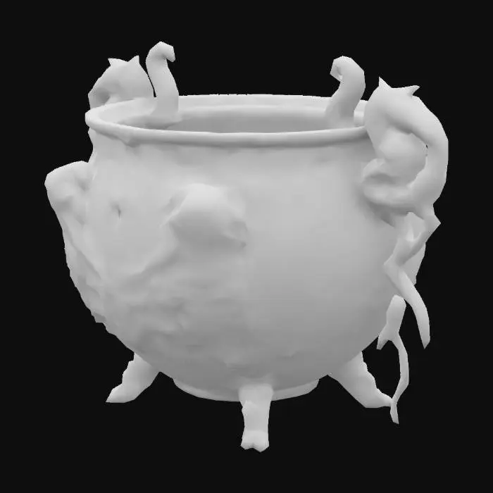 3D model for Design a large biomechanical cauldron, fused with organic and mechanical elements. Include glowing purple, red, and yellow energy veins, pulsating lights. Add intricate carvings and textures that blend flesh and metal seamlessly all in the shapes of webs and spiders covering it