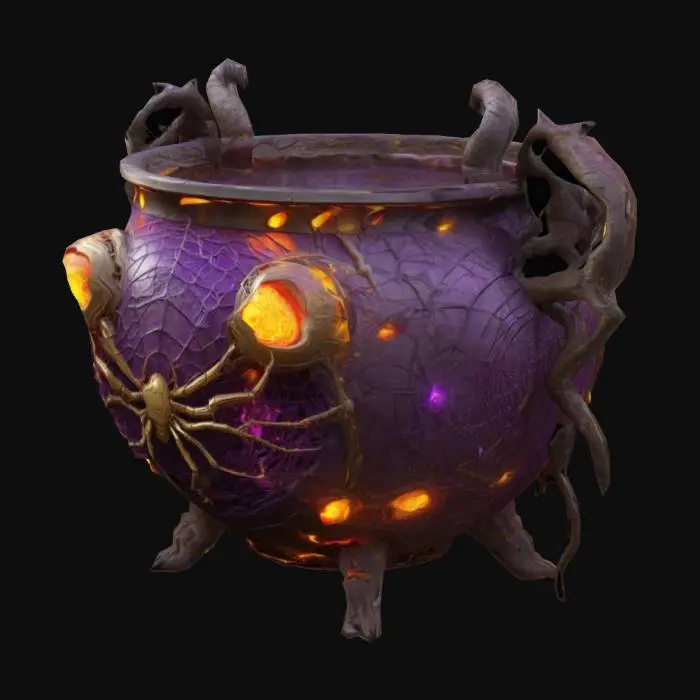 3D model for Design a large biomechanical cauldron, fused with organic and mechanical elements. Include glowing purple, red, and yellow energy veins, pulsating lights. Add intricate carvings and textures that blend flesh and metal seamlessly all in the shapes of webs and spiders covering it