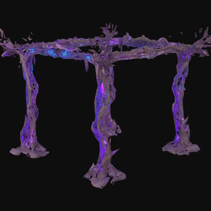 3D model for Design a very biomechanical  DROW style pergola with organic and mechanical elements. Include glowing purple, pink, and blue energy veins, pulsating lights. Add intricate carvings and textures that blend flesh and metal seamlessly all in the shapes of cob webs covering it
