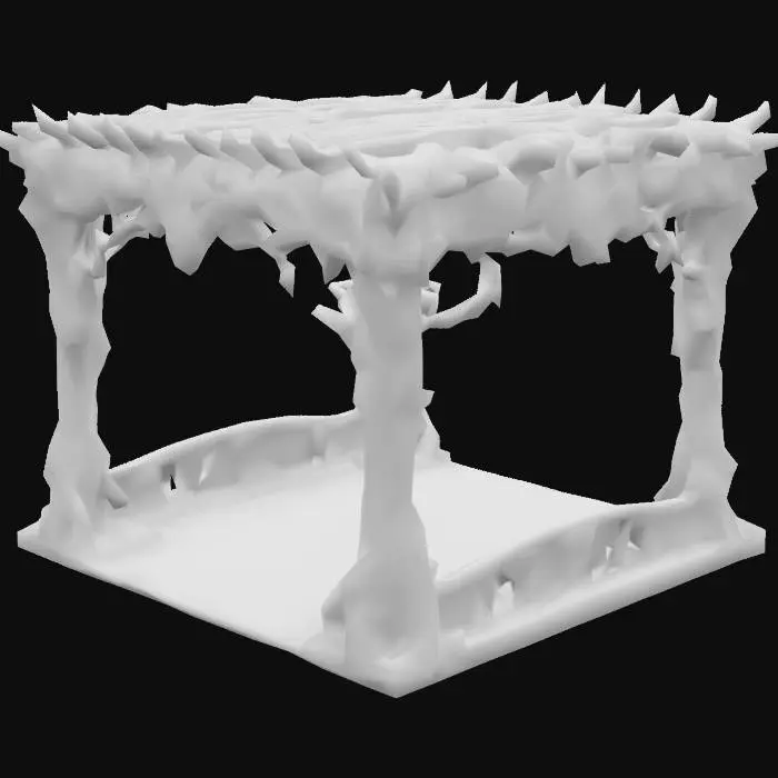 3D model for Design a very biomechanical  DROW style pergola with organic and mechanical elements. Include glowing purple, pink, and blue energy veins, pulsating lights. Add intricate carvings and textures that blend flesh and metal seamlessly all in the shapes of cob webs covering it