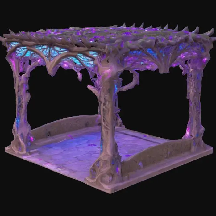 3D model for Design a very biomechanical  DROW style pergola with organic and mechanical elements. Include glowing purple, pink, and blue energy veins, pulsating lights. Add intricate carvings and textures that blend flesh and metal seamlessly all in the shapes of cob webs covering it