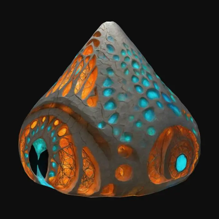 3D model for Design a giant stone tear drop shaped building, fused with organic and mechanical elements. Include glowing blue, orange, and emerald energy veins, pulsating lights. Add intricate carvings and textures seamlessly all in the shapes of cob webs in it