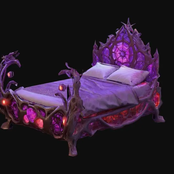 3D model for Design a  biomechanical bed with organic and mechanical elements. Include glowing purple, pink, and red energy veins, pulsating lights. Add intricate carvings and textures that blend flesh and metal seamlessly all in the shapes of cob webs covering it