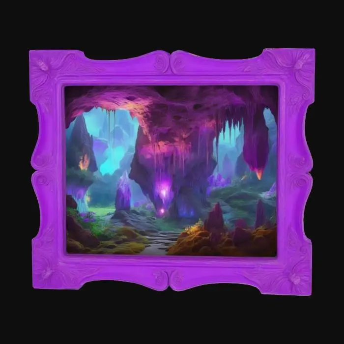 3D model for Put this image into a bright purple picture frame, make it elaborate DROW style craftsmanship of the details of the frame, with spider motifs in the corners