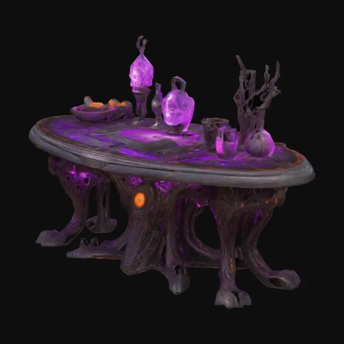 3D model for Design a  biomechanical DROW wizard alchemy table, with organic and mechanical elements. Include glowing purple, pink, and orange energy veins, pulsating lights. Add intricate carvings and textures that blend flesh and metal seamlessly all in the shapes of cob webs covering it