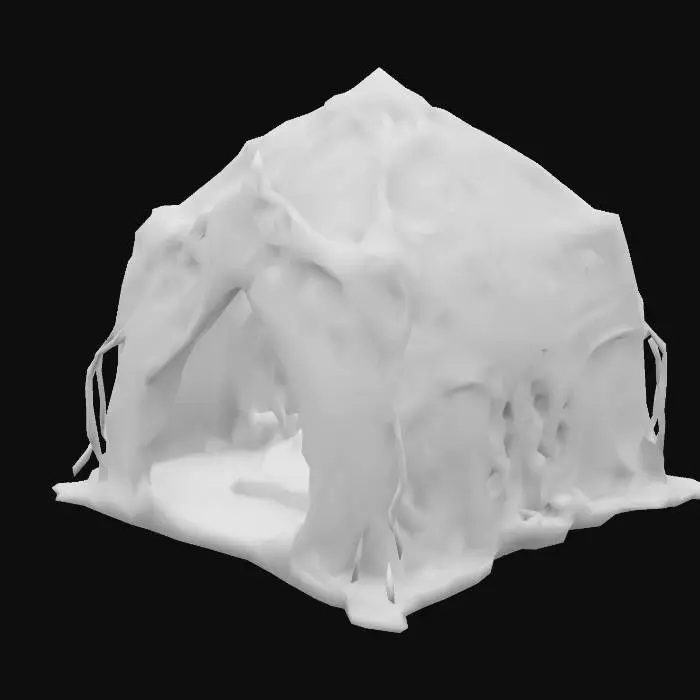 3D model for Design a  biomechanical DROW style outdoor camping tent, with organic and mechanical elements. Include glowing blue, pink, and orange energy veins, pulsating lights. Add intricate carvings and textures that blend flesh and metal seamlessly all in the shapes of cob webs covering it