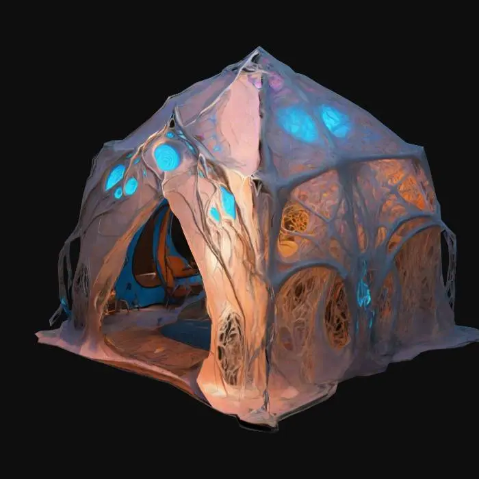 3D model for Design a  biomechanical DROW style outdoor camping tent, with organic and mechanical elements. Include glowing blue, pink, and orange energy veins, pulsating lights. Add intricate carvings and textures that blend flesh and metal seamlessly all in the shapes of cob webs covering it
