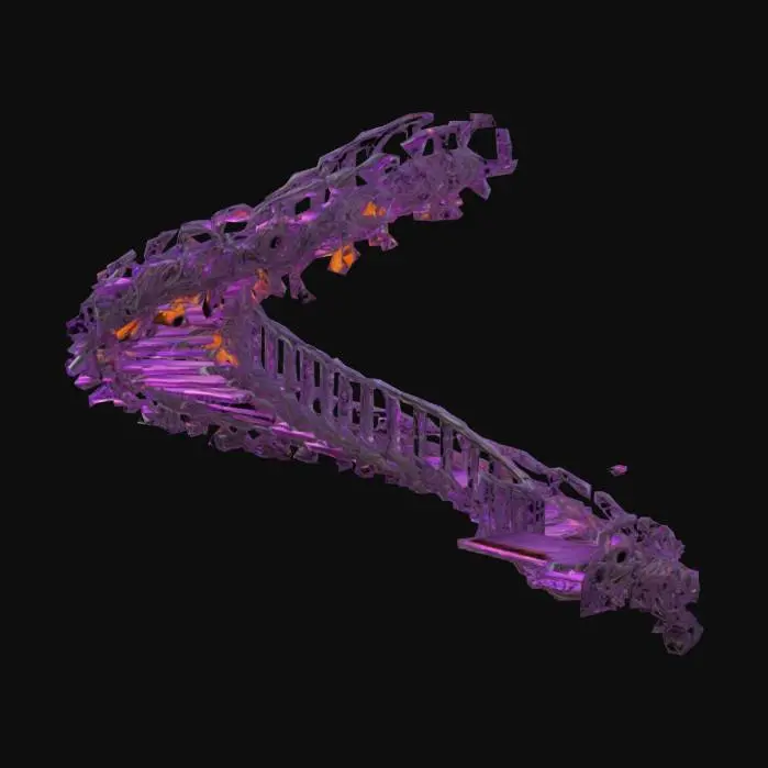 3D model for Design a  biomechanical DROW style Staircase, with organic and mechanical elements. Include glowing purple, pink, and orange energy veins, pulsating lights. Add intricate carvings and textures that blend flesh and metal seamlessly all in the shapes of cob webs covering it