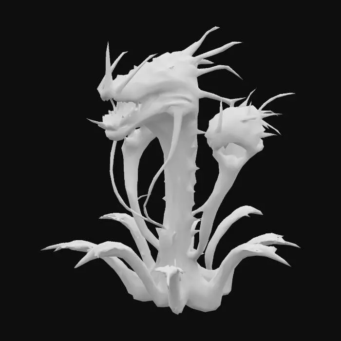 3D model for a grove of, a few, 3-meter tall carnivorous-plants. featuring deadly-thorns and sharp white teeth, as well as ridged tendrils, 8K-texture detail, bio-illumination, alien-plant, electrical, #garden#,  