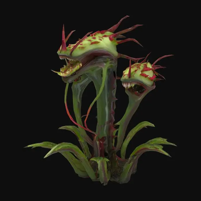 3D model for a grove of, a few, 3-meter tall carnivorous-plants. featuring deadly-thorns and sharp white teeth, as well as ridged tendrils, 8K-texture detail, bio-illumination, alien-plant, electrical, #garden#,  