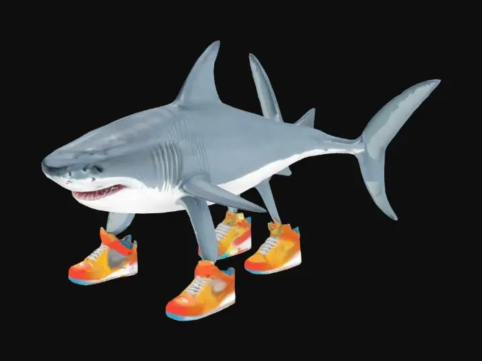 3D model for A great white  shark with Three legs wearing Three Nike shoes on the Three legs.