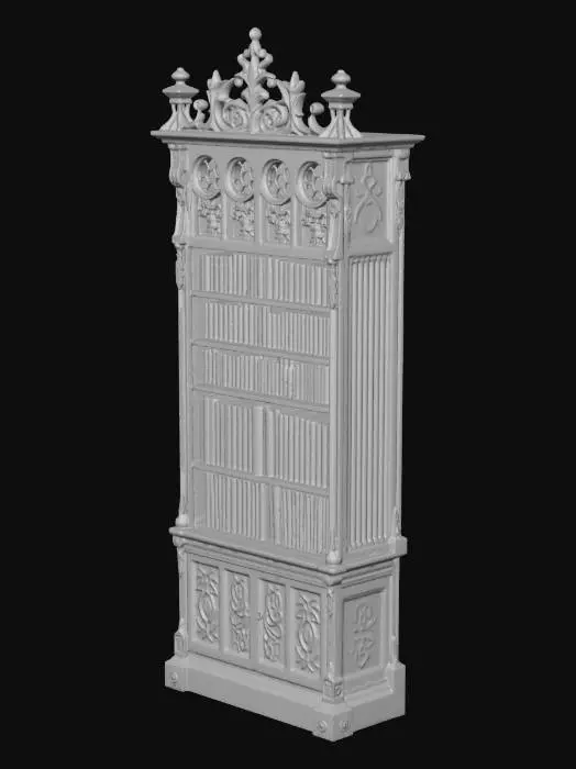 3D model for Une vieille étagère de bibliothèque gothique en bois sombre sculpté, haute, massive et élégante, avec des ornements médiévaux fins, arabesques, motifs anciens et détails artisanaux. Le bois est usé par le temps, craquelé par endroits, avec une texture réaliste, veinures visibles, coins abîmés, poussière et légère patine. L’étagère est remplie de vieux livres reliés en cuir, grimoires épais, manuscrits anciens, parchemins roulés, quelques fermoirs métalliques oxydés, tranches irrégulières et couvertures fatiguées. Ambiance mystérieuse, érudite et sacrée, style médiéval réaliste, objet unique centré, proportions crédibles, très détaillé, realistic 3D asset, game-ready, PBR textures, wood, leather, paper, metal, no background, isolated object.