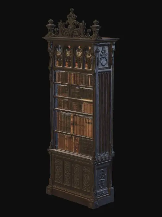 3D model for Une vieille étagère de bibliothèque gothique en bois sombre sculpté, haute, massive et élégante, avec des ornements médiévaux fins, arabesques, motifs anciens et détails artisanaux. Le bois est usé par le temps, craquelé par endroits, avec une texture réaliste, veinures visibles, coins abîmés, poussière et légère patine. L’étagère est remplie de vieux livres reliés en cuir, grimoires épais, manuscrits anciens, parchemins roulés, quelques fermoirs métalliques oxydés, tranches irrégulières et couvertures fatiguées. Ambiance mystérieuse, érudite et sacrée, style médiéval réaliste, objet unique centré, proportions crédibles, très détaillé, realistic 3D asset, game-ready, PBR textures, wood, leather, paper, metal, no background, isolated object.