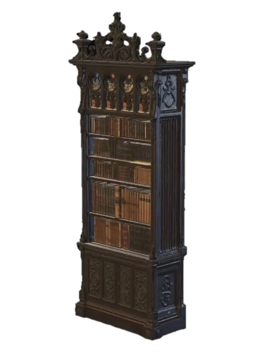 Une vieille étagère de bibliothèque gothique en bois sombre sculpté, haute, massive… - Dusty 3D model, vytvořený pomocí AI