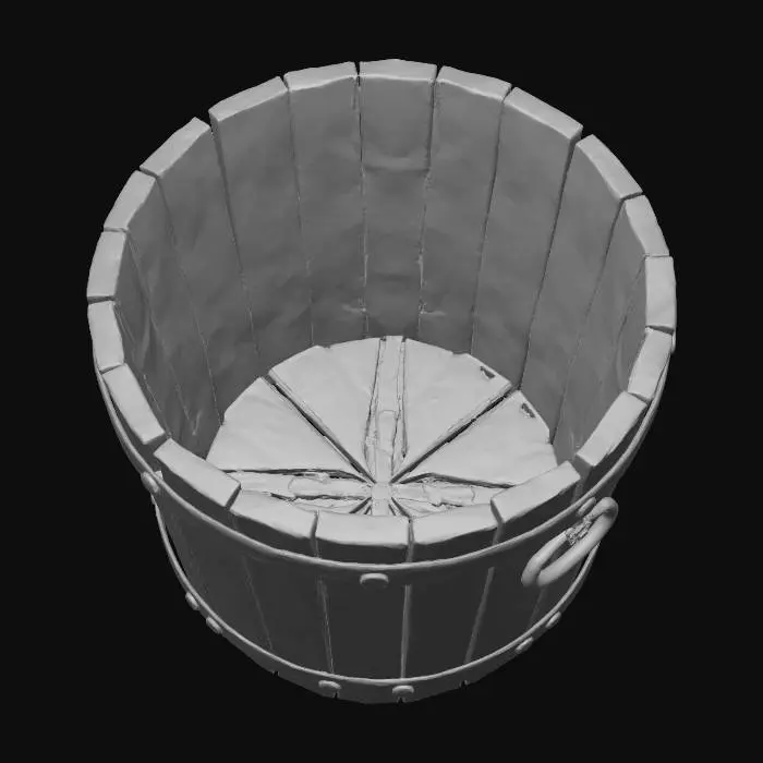 3D model for An old wooden bucket made of dark weathered planks, showing signs of age, cracks, and wear. The rim and base are reinforced with metal bands bearing rust and handmade nails. The handle is a sturdy wooden arch connected by metal rings, rough and realistic in texture. Medieval rustic style, realistic lighting, isolated on a plain white or light gray background, showcasing craftsmanship details, ultra-high-resolution 8K render.