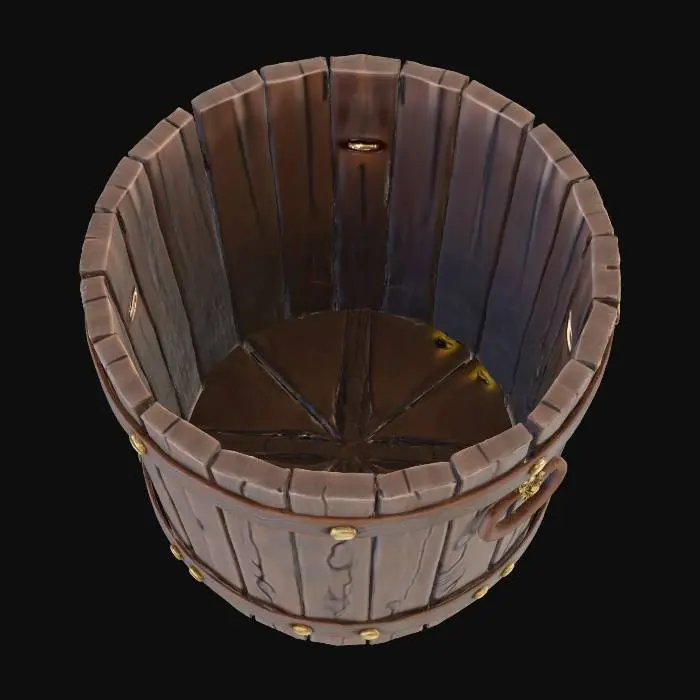 3D model for An old wooden bucket made of dark weathered planks, showing signs of age, cracks, and wear. The rim and base are reinforced with metal bands bearing rust and handmade nails. The handle is a sturdy wooden arch connected by metal rings, rough and realistic in texture. Medieval rustic style, realistic lighting, isolated on a plain white or light gray background, showcasing craftsmanship details, ultra-high-resolution 8K render.