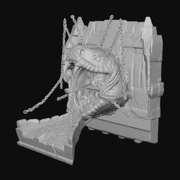 3D model for Giant snake mouth and head opened wide with a forest and cave like structures on the inside of the snake mouth