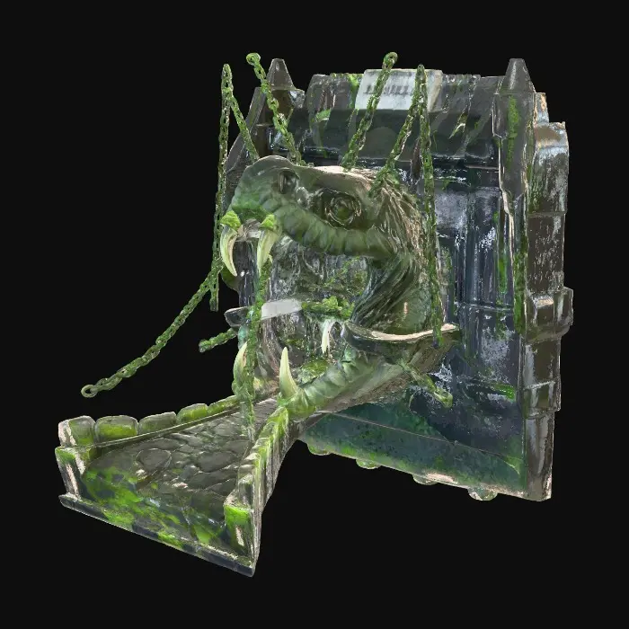 3D model for Giant snake mouth and head opened wide with a forest and cave like structures on the inside of the snake mouth