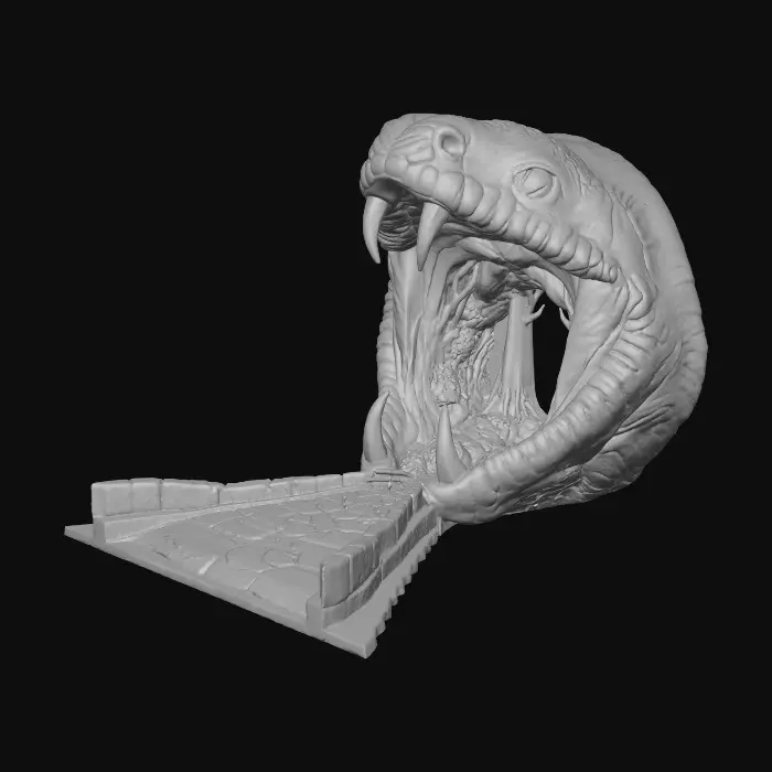 3D model for Giant snake mouth and head opened wide with a forest and cave like structures on the inside of the snake mouth