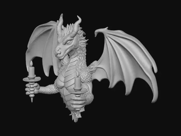 3D model for I want a wall mountable dragon buste, that can hold 2 candles in each claw. The dragon is a fantasy dragon with glistening scales and wings spread  wide to show off how majestic it is.