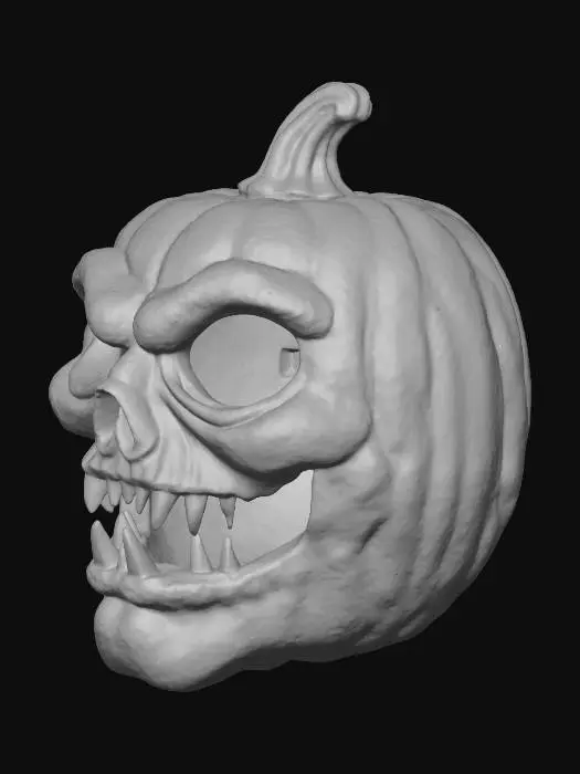 3D model for evil pumpkin mask with movable jaw with ball joints. sharp teeth, evil holow out eye and nose sockets. jaw and top part separate in the file.