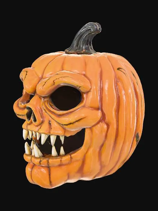 3D model for evil pumpkin mask with movable jaw with ball joints. sharp teeth, evil holow out eye and nose sockets. jaw and top part separate in the file.