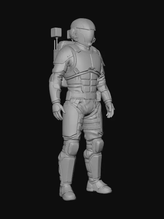 3D model for a space trooper in leather and steel armour. They have a sleek modern helmet, careworn with chipped paint. Orange and white pinstripe. The armour is grey, white and blue pixel camouflage pattern. They have  segmented armour plating on their chest, sides and back, and a sleek backpack with a squared off antenna block and radio equipment. Their boots are padded and have armour plates.