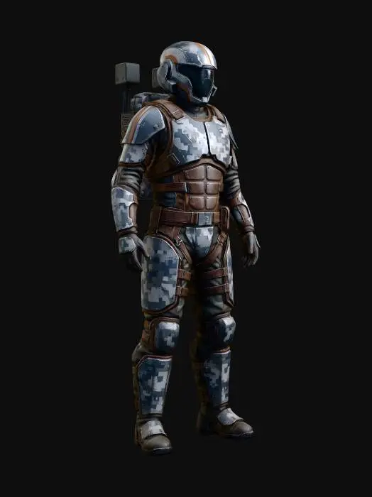 3D model for a space trooper in leather and steel armour. They have a sleek modern helmet, careworn with chipped paint. Orange and white pinstripe. The armour is grey, white and blue pixel camouflage pattern. They have  segmented armour plating on their chest, sides and back, and a sleek backpack with a squared off antenna block and radio equipment. Their boots are padded and have armour plates.