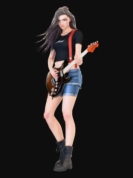 3D model for strong female guitar player
shorts
long hair