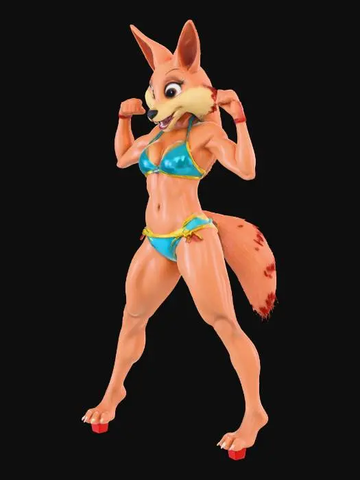 3D model for attractive strong female creature with a While E. Coyote head.
in a bikini
with a stick of dynamite