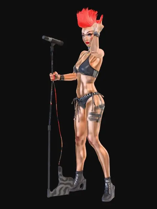 3D model for attractive strong female rock singer in bikini
mohawk hair style
with microphone