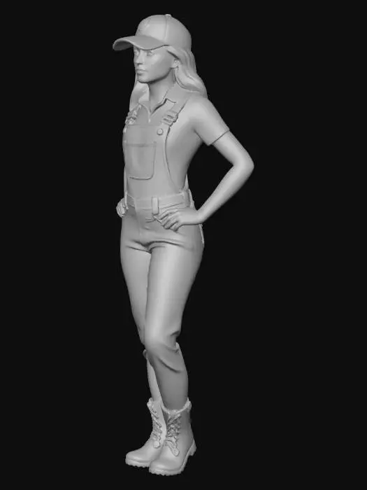 3D model for attractive woman truck driver in coverall with ball cap, standing